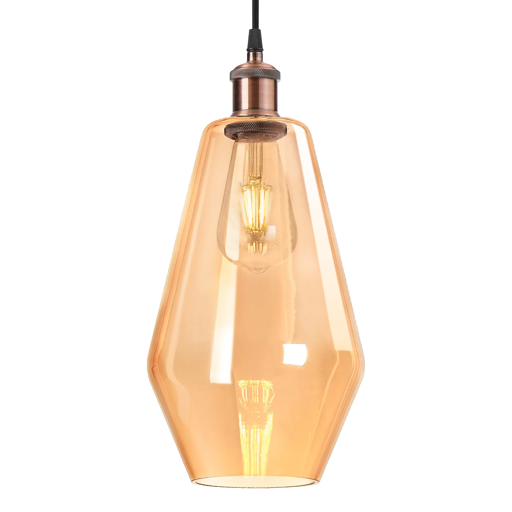 Cawdor Single Pendant, 1 Light E27, Antique Copper/Black/Amber Kite Glass DK1133  Deco Cawdor